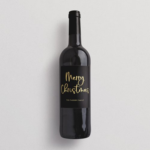 Merry Christmas  Faux Gold Casual Script on Black Wine Label