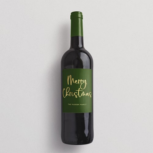 Merry Christmas  Faux Gold Casual Script on Green Wine Label