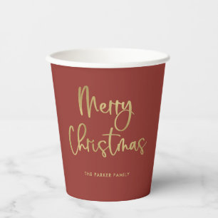 Merry Christmas Faux Gold Casual Script on Red Paper Cups
