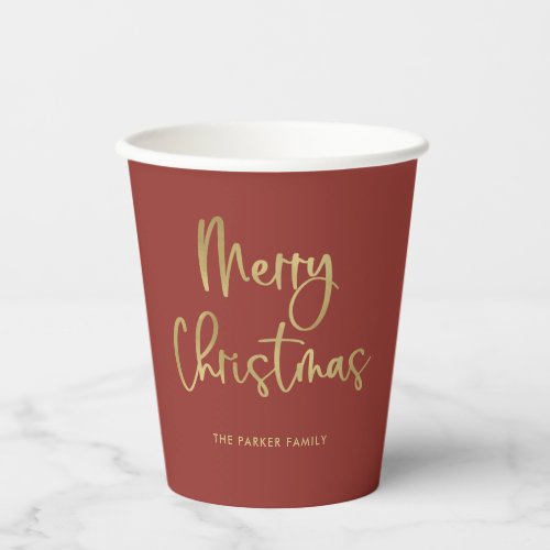 Merry Christmas  Faux Gold Casual Script on Red Paper Cups