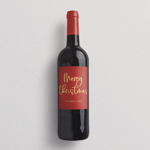 Merry Christmas   Faux Gold Casual Script on Red Wine Label