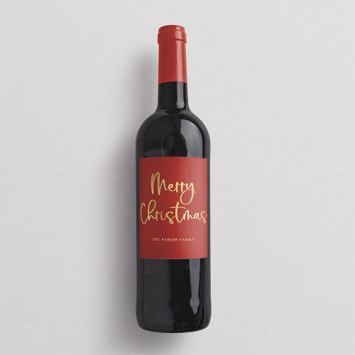 Merry Christmas  Faux Gold Casual Script on Red Wine Label