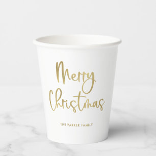 Merry Christmas Faux Gold Casual Script on White Paper Cups