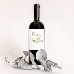 Merry Christmas Faux Gold Casual Script on White Wine Label