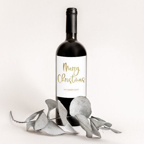 Merry Christmas  Faux Gold Casual Script on White Wine Label