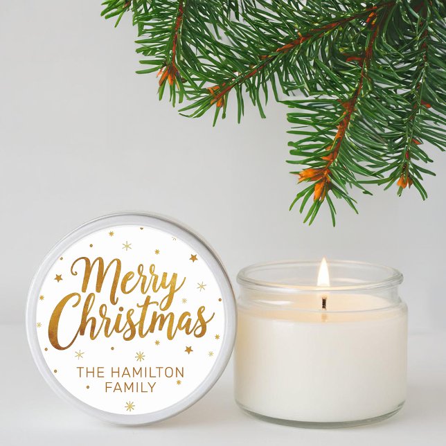 Merry Christmas Faux Gold Casual Script Snowflake  Classic Round Sticker (Merry Christmas Typography Sticker)