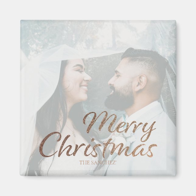 Merry Christmas Faux Gold Custom Photo & Name Magnet (Front)
