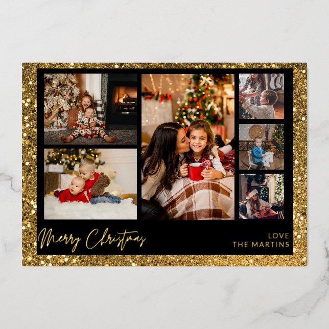 Merry Christmas Faux Gold Glitter Multi Photo Foil Invitation (Front)