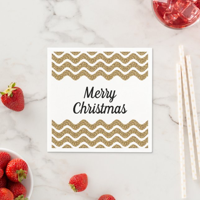 Merry Christmas Faux Gold Glitter White Stripes Napkins (Insitu)