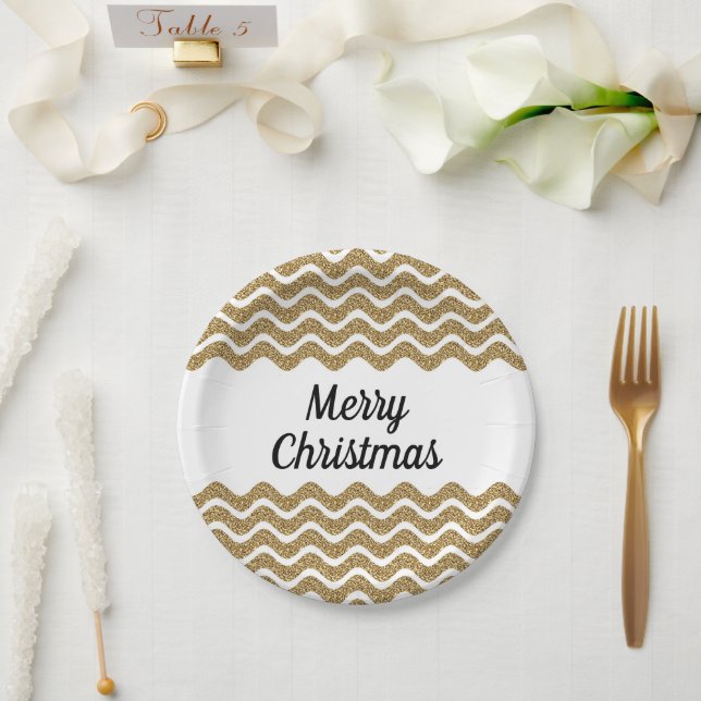 Merry Christmas Faux Gold Glitter White Stripes Paper Plates (Wedding)