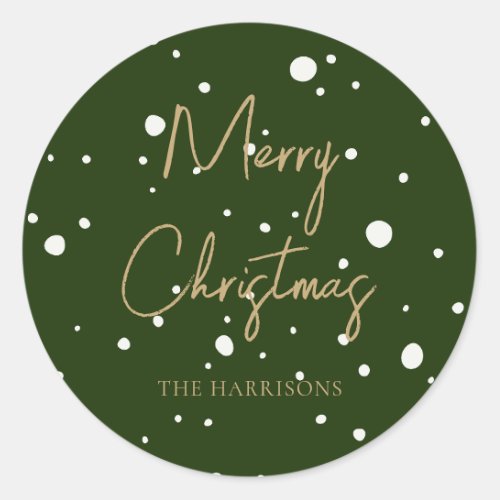 Merry Christmas Faux Gold Green Casual Script Snow Classic Round Sticker