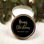Merry Christmas | Faux Gold on Black Casual Script Classic Round Sticker<br><div class="desc">These simple and stylish,  faux gold and black holiday stickers say "Merry Christmas" in modern,  casual script typography.</div>