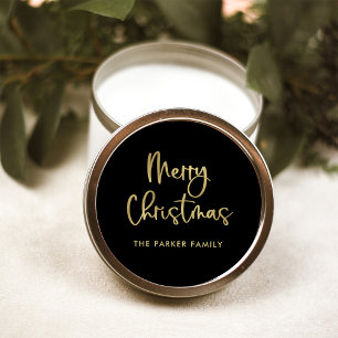 Merry Christmas Faux Gold on Black Casual Script Classic Round Sticker