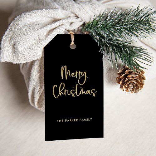 Merry Christmas  Faux Gold on Black Casual Script Gift Tags