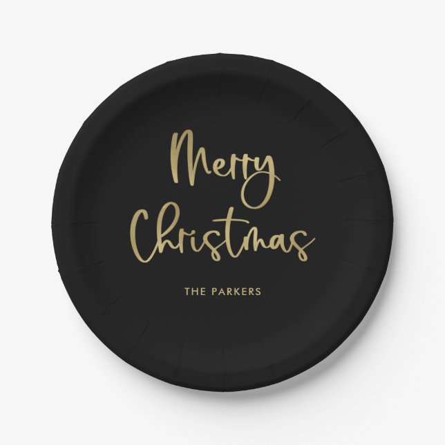 Merry Christmas | Faux Gold on Black Casual Script Paper Plates (Front)
