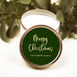 Merry Christmas | Faux Gold on Green Casual Script Classic Round Sticker<br><div class="desc">These simple and stylish,  faux gold and forest green holiday stickers say "Merry Christmas" in modern,  casual script typography.</div>