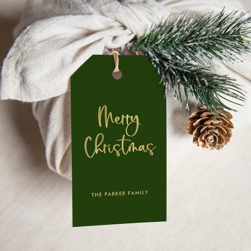 Merry Christmas  Faux Gold on Green Casual Script Gift Tags