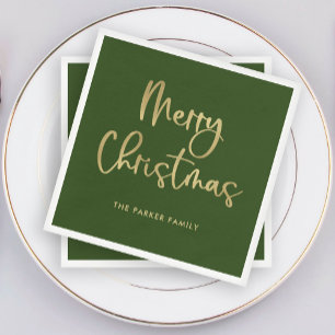Merry Christmas Faux Gold on Green Casual Script Napkins