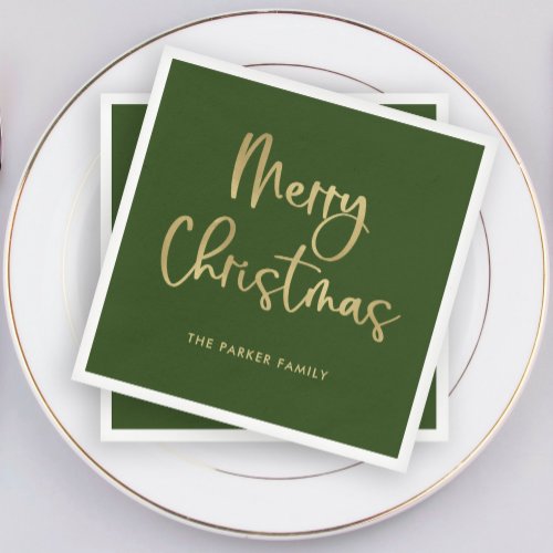 Merry Christmas  Faux Gold on Green Casual Script Napkins
