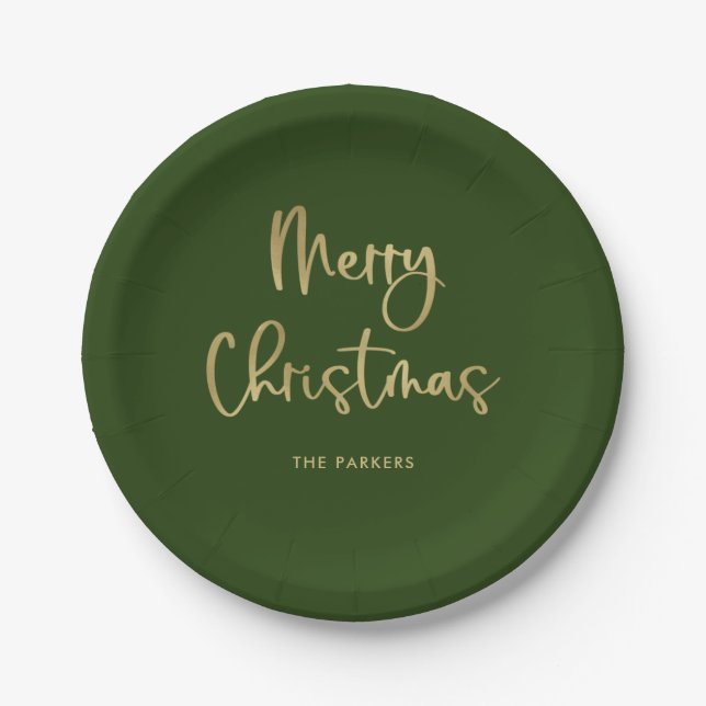 Merry Christmas | Faux Gold on Green Casual Script Paper Plates (Front)