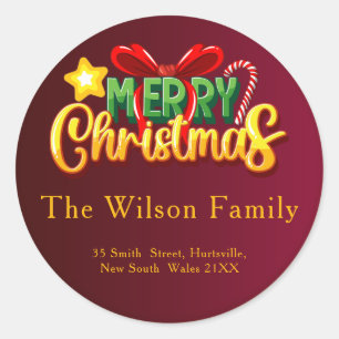 Merry Christmas Faux Gold on Red Casual Script Classic Round Sticker