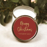 Merry Christmas | Faux Gold on Red Casual Script Classic Round Sticker<br><div class="desc">These simple and stylish,  faux gold and red holiday stickers say "Merry Christmas" in modern,  casual script typography.</div>