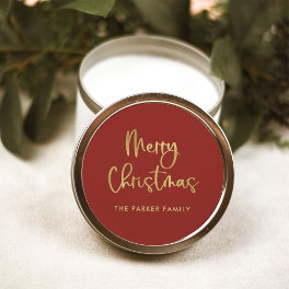Merry Christmas Faux Gold on Red Casual Script Classic Round Sticker