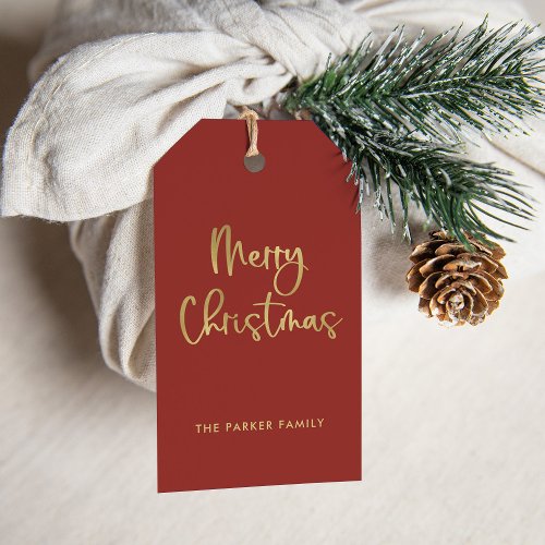 Merry Christmas  Faux Gold on Red Casual Script Gift Tags