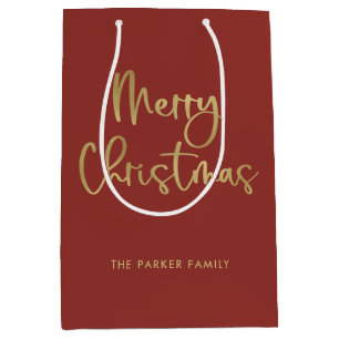 Merry Christmas Faux Gold on Red Casual Script Medium Gift Bag