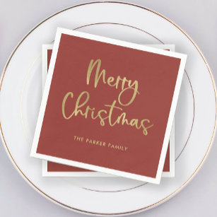 Merry Christmas   Faux Gold on Red Casual Script Napkins