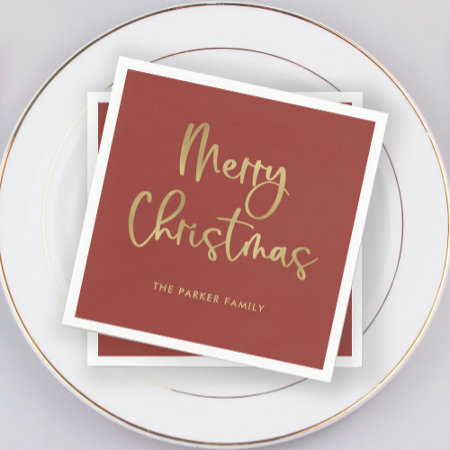 Merry Christmas | Faux Gold On Red Casual Script Napkins