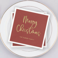 Merry Christmas | Faux Gold On Red Casual Script Napkins at Zazzle