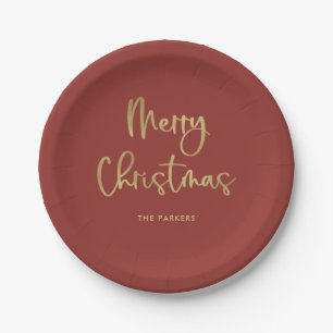 Merry Christmas   Faux Gold on Red Casual Script Paper Plates