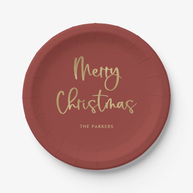 Merry Christmas | Faux Gold on Red Casual Script Paper Plates (Front)