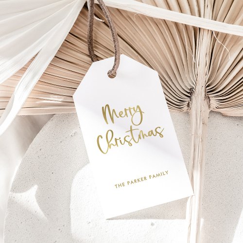 Merry Christmas  Faux Gold on White Casual Script Gift Tags