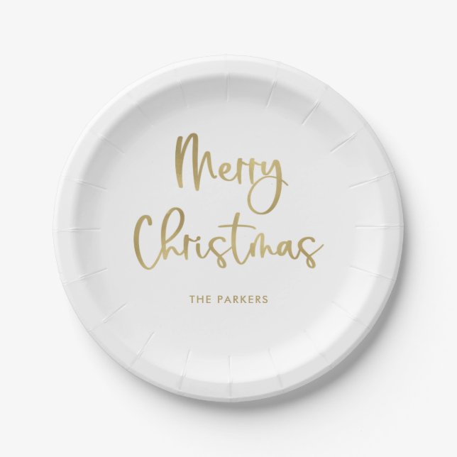 Merry Christmas | Faux Gold on White Casual Script Paper Plates (Front)