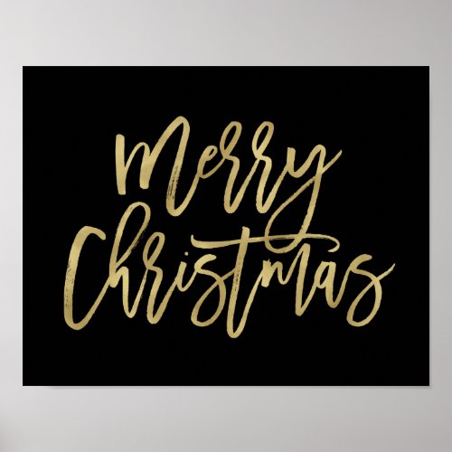 Merry Christmas  Faux Gold Typography on Black Poster