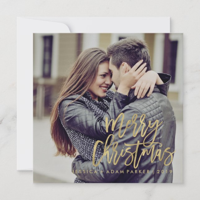 Merry Christmas | Faux Gold Typography with Photo Holiday Card (Front)