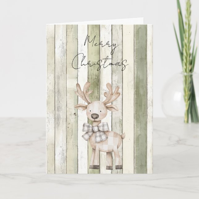 Merry Christmas Faux Green Wood Stripes Reindeer Card (Front)