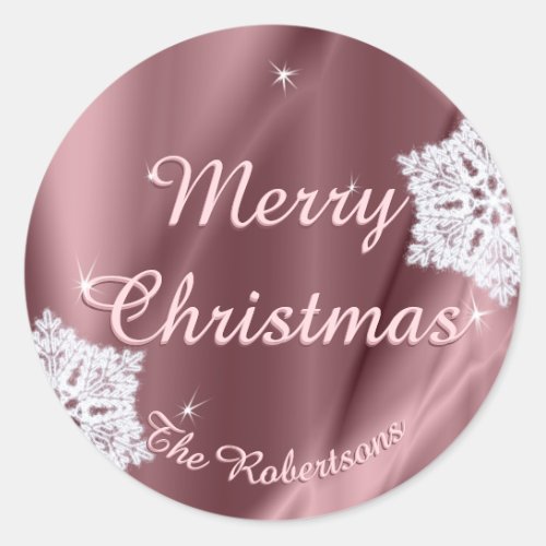 Merry Christmas Faux Rose Gold Custom Snowflakes Classic Round Sticker