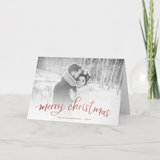 Merry Christmas | Faux Rose Gold with Photo Holiday Card (Front)