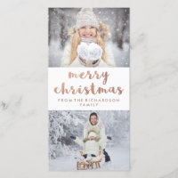 Merry Christmas | Faux Rose Gold with Two Photos Holiday Card