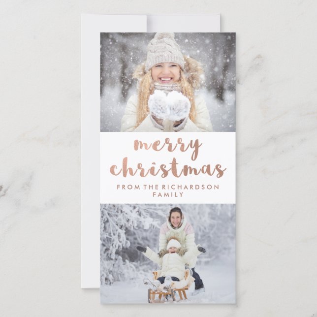 Merry Christmas | Faux Rose Gold with Two Photos Holiday Card (Front)
