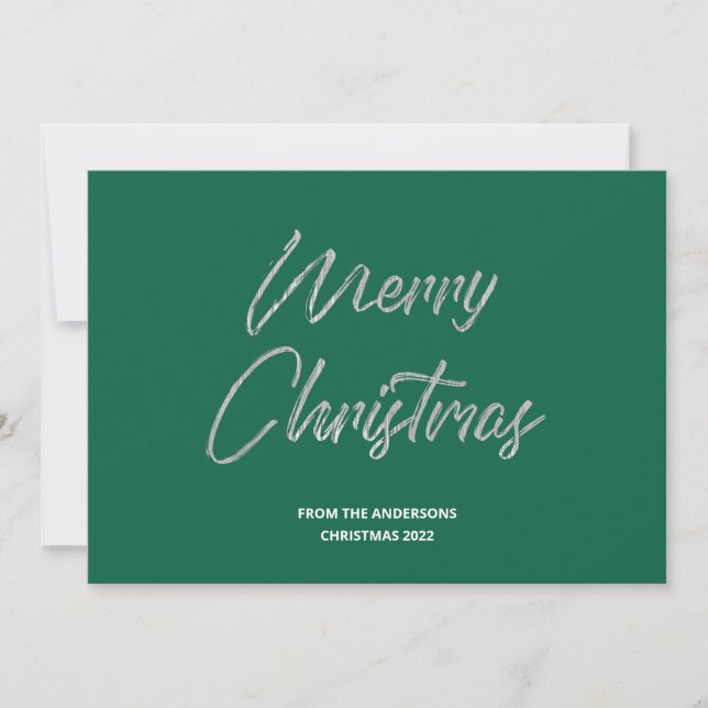 Merry Christmas Faux Silver Foil and Green Holiday Card (Front)