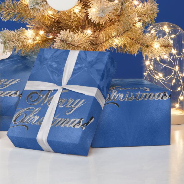 Merry Christmas Faux Silver Foil Script Blue Wrapping Paper (Holidays)