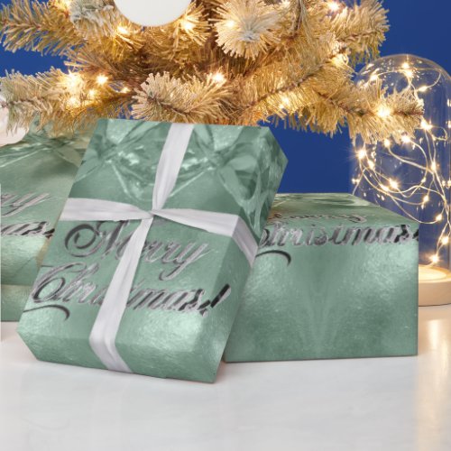 Merry Christmas Faux Silver Foil Script Green Wrapping Paper