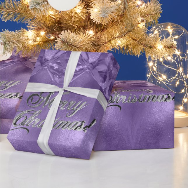Merry Christmas Faux Silver Foil Script Purple Wrapping Paper (Holidays)