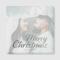 Merry Christmas Faux Silver Glitter Custom Photo Magnet