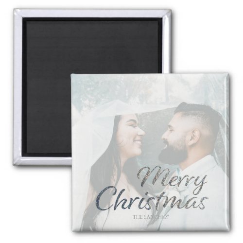 Merry Christmas Faux Silver Glitter Custom Photo Magnet