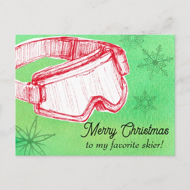 Merry Christmas Favorite Skier Goggles Green Holiday Postcard (Front)